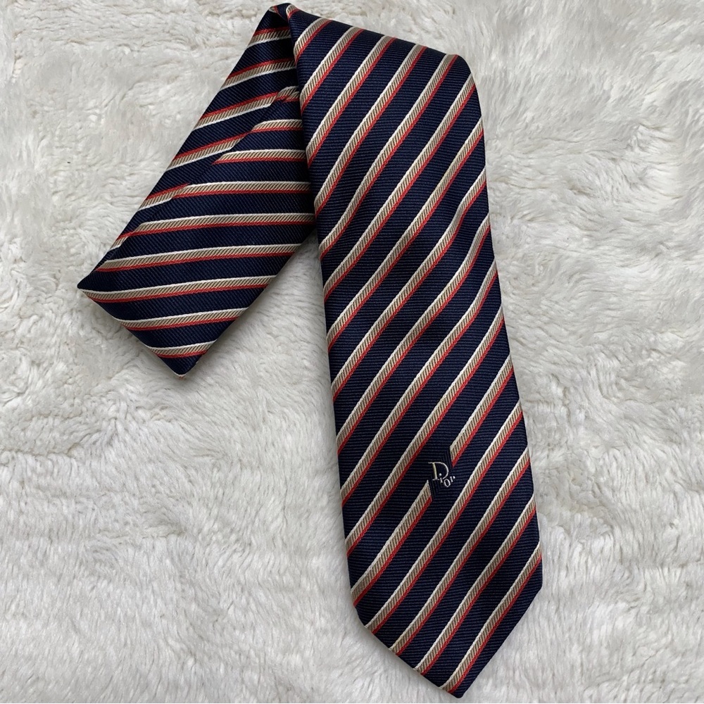 Vintage Christian Dior Logo Men’s 100% Silk Striped Blue Tan Tie - Picture 3 of 6
